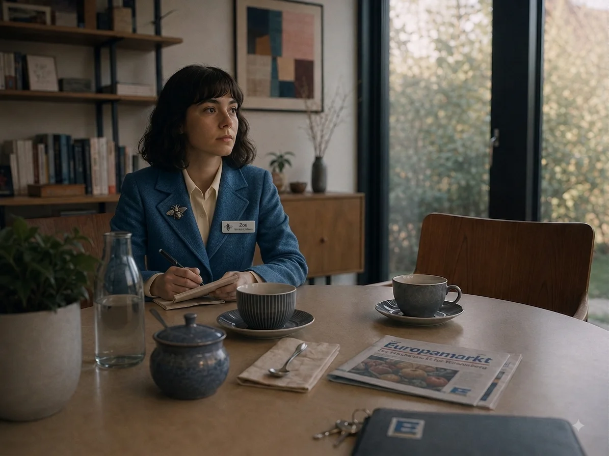 Zoë in Europamarkt-Uniform an einem Tisch, mit Notizblock